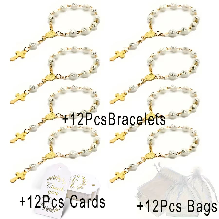 Bracelet chapelet Rose 36 pièces/12 ensembles, pour cadeaux baptistiques, cadeaux de première Commun