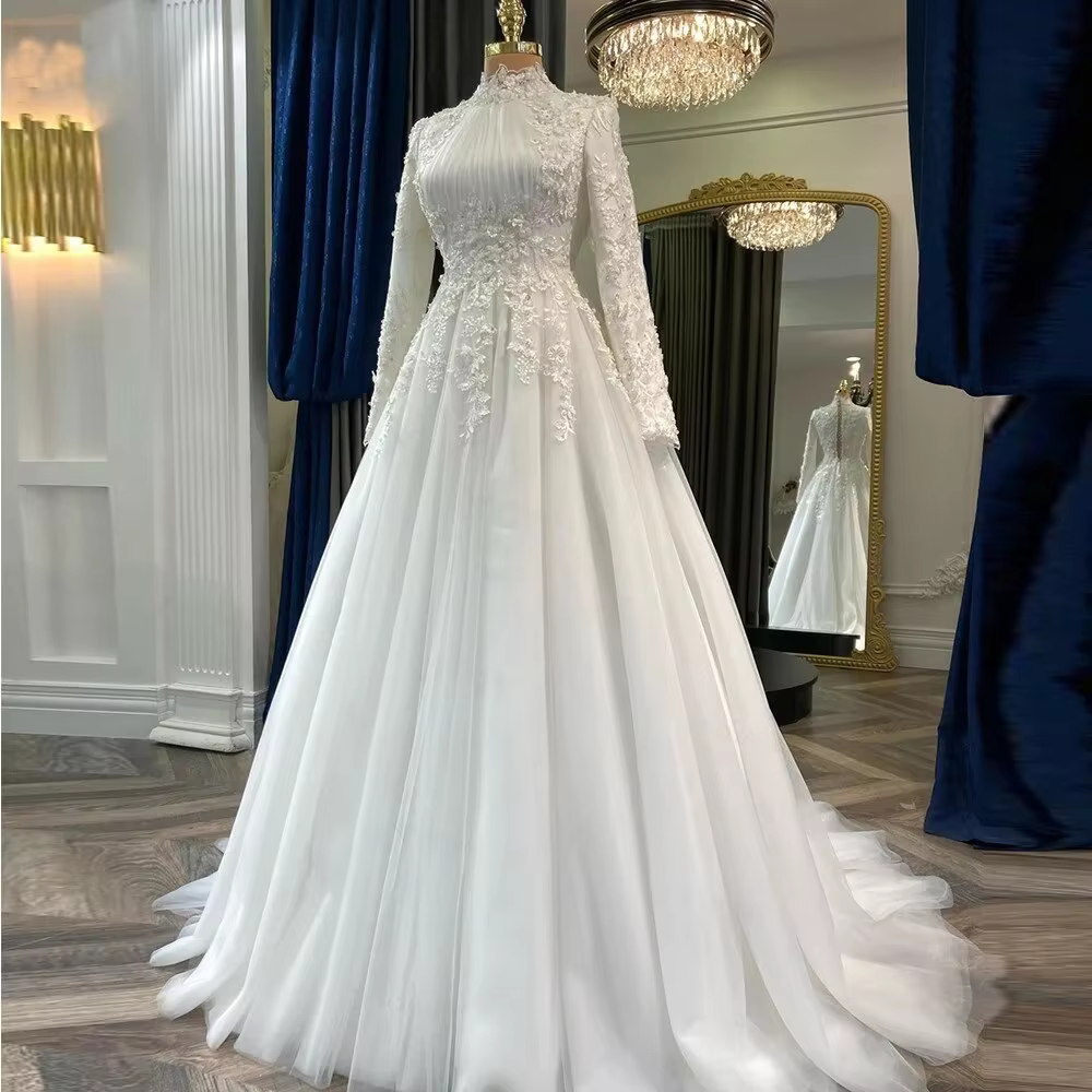 Robe De mariée musulmane élégante pour mariée avec Appliques De fleurs arabe dubaï manches longues R