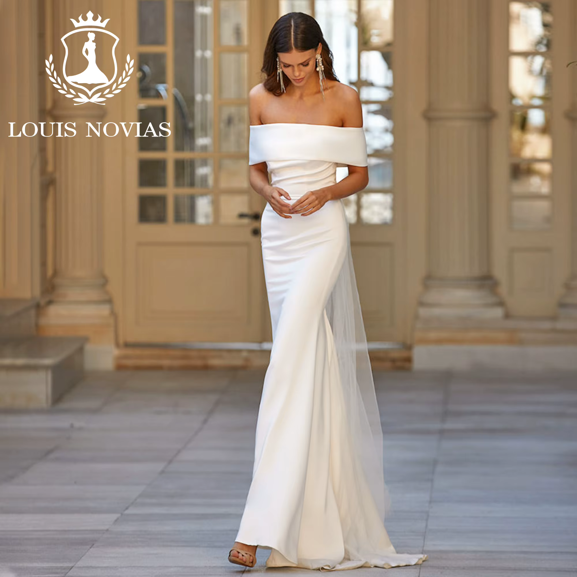 Modiis-Robe de mariée sirène simple pour femme, robe de mariée mince, col bateau hors initié, haute 