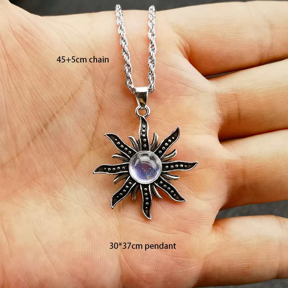 Collier pendentif bohème antique, tournesol, flamme de soleil, bijoux ethniques, pierres précieuses 