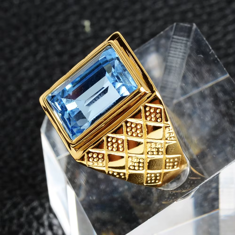 Bague épaisse plaquée or pour hommes, en acier inoxydable, grande pierre de cristal géométrique, acc
