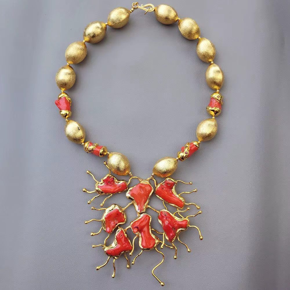 Grand pendentif en corail 100x130mm, collier de perles brossées en corail Orange, bijoux de déclarat