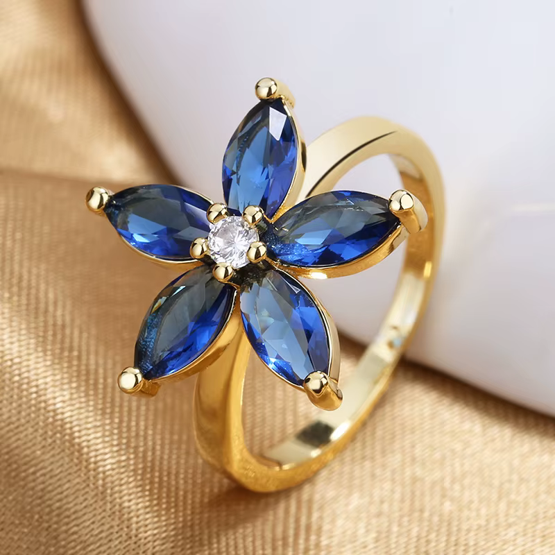 Bagues en pierre bleu Royal pour femmes, couleur or, yeux de cheval, Zircon, bandes de mariage, bagu