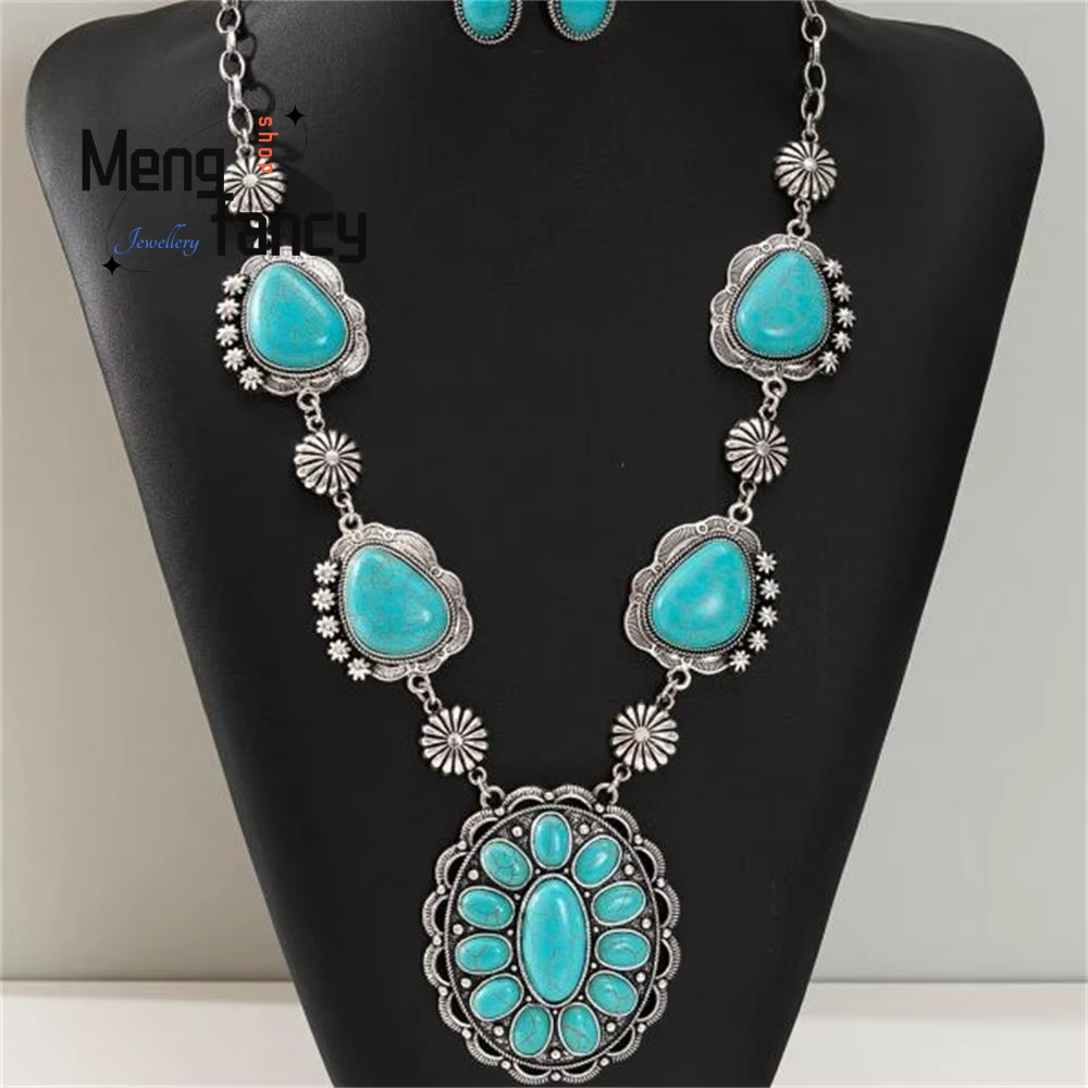 Collier avec incrustation d'argent tibétain naturel, Turquoise rétro, pendentif, boucles d'oreilles,