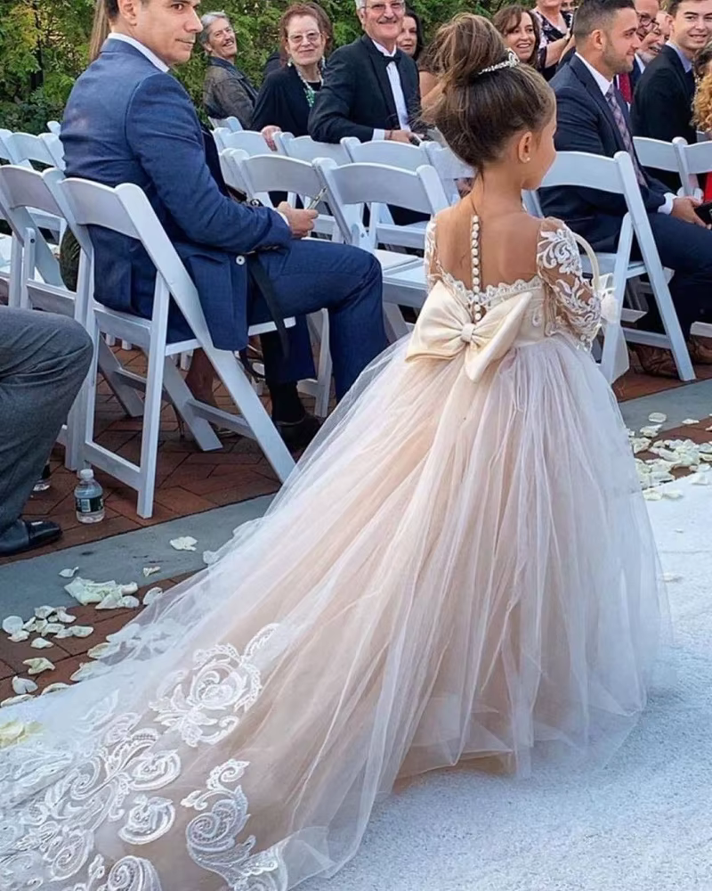 BABYONLINE-Robes de demoiselle d'honneur pour mariages, manches longues, dentelle, tulle, nœud dans 