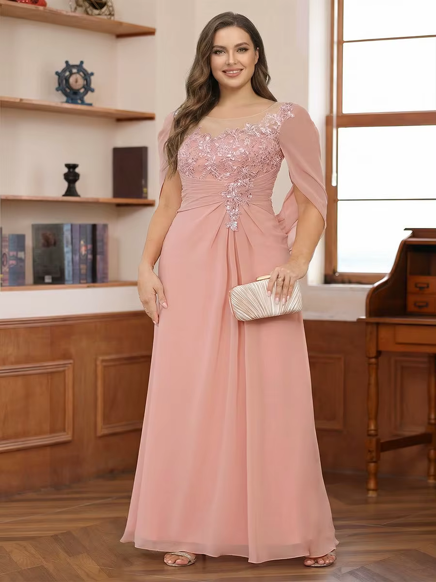 Robe de cérémonie grande taille pour mère de la mariée, en mousseline plissée avec appliques en dent