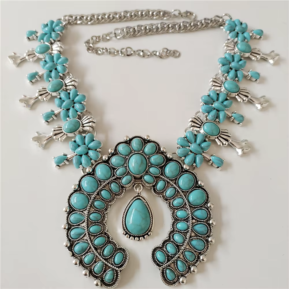 Nouveauté 2026 : Parure de bijoux pour femme, style bohème ethnique, en résine turquoise, avec colli