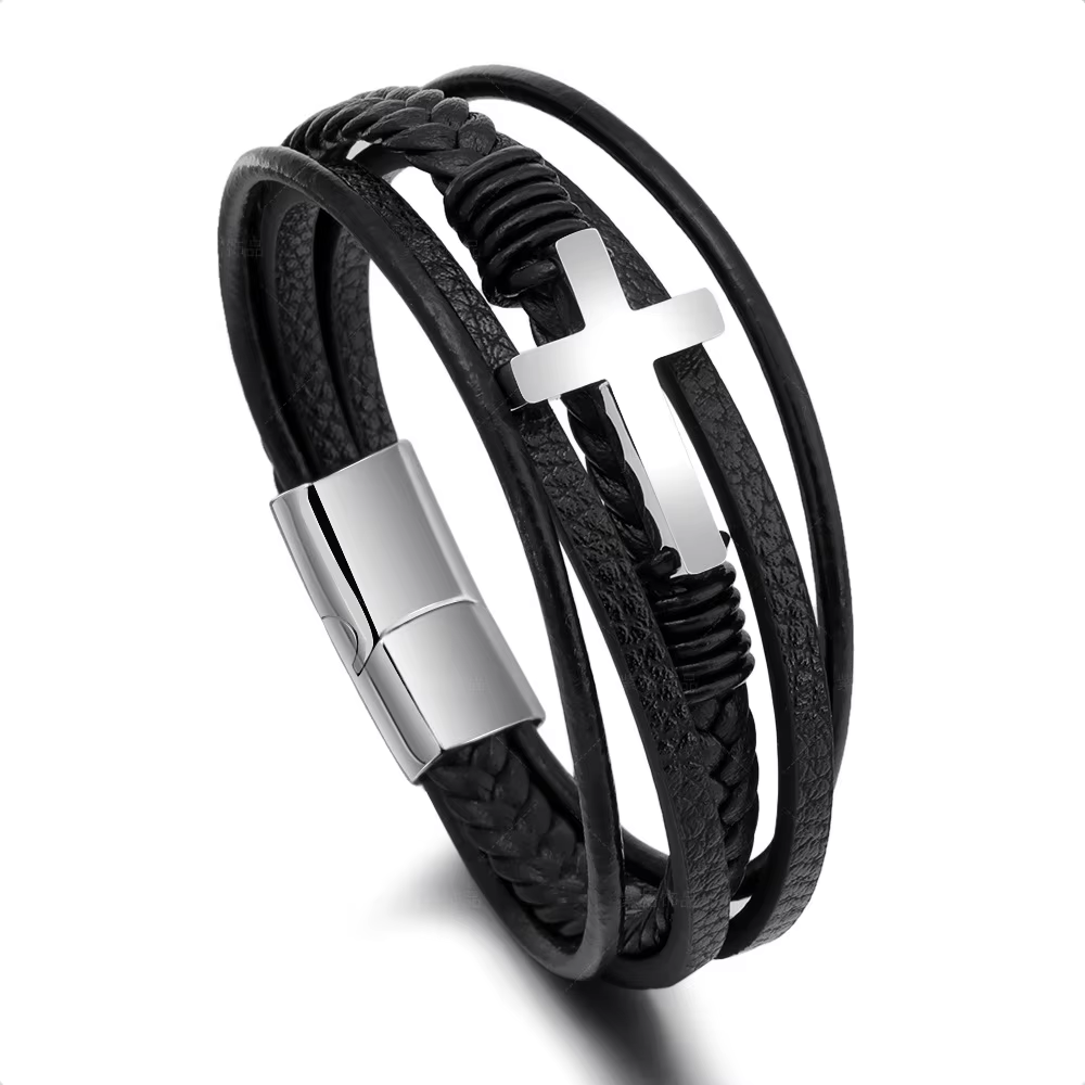 Bracelets en cuir tressé pour hommes et femmes, amulette croisée en acier inoxydable, trucs Cool, ac