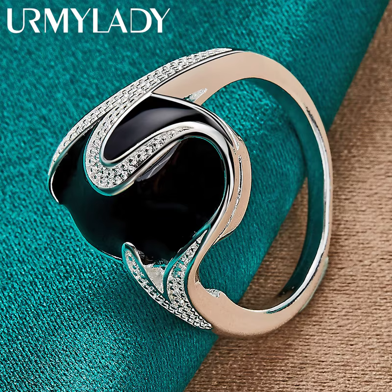URMYLADY Obsidienne ronde en argent sterling 925 7-10 #   Bague pour femmes, breloque de mariage, bi
