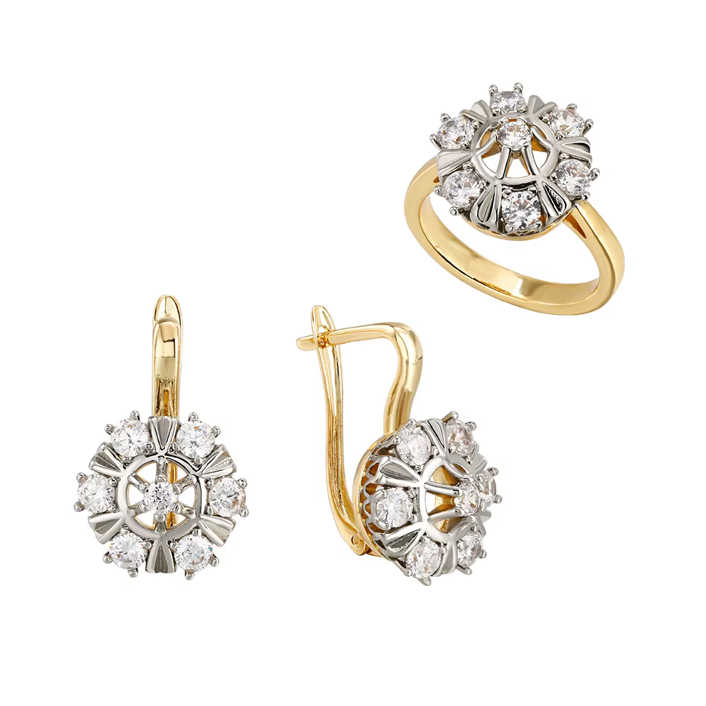 Boucles d'oreilles et bague en zircon synthétique incrusté brillant, double couleur, plaqué cuivre o