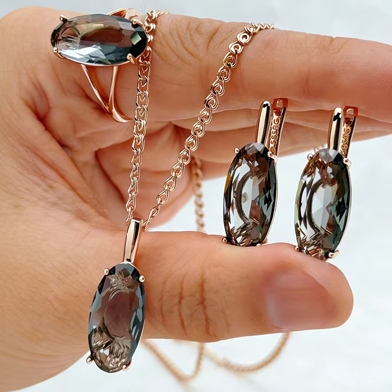 Kinel – ensemble de bijoux gris pour femme, grand collier ovale, boucles d'oreilles, couleur or Rose
