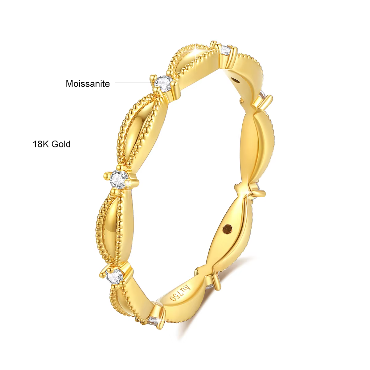 Bague en or véritable 18 carats avec moissanite pour femme, AU750, motif feuille, empilable, allianc