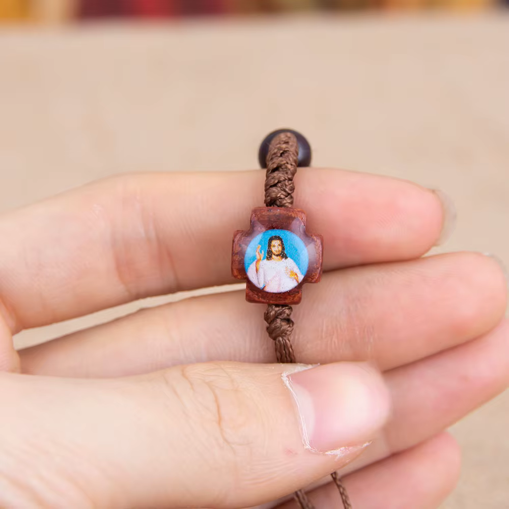 HTISOK Bracelet chapelet en bois avec médailles de jésus et de marie, bijoux de prière catholique fa