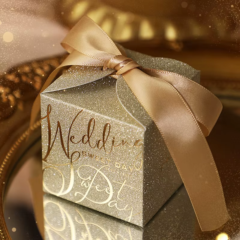 Boîte à Bonbons de Mariage en Papier avec Rubans, Sacs d'Emballage à Paillettes et Perles, Cadeaux E