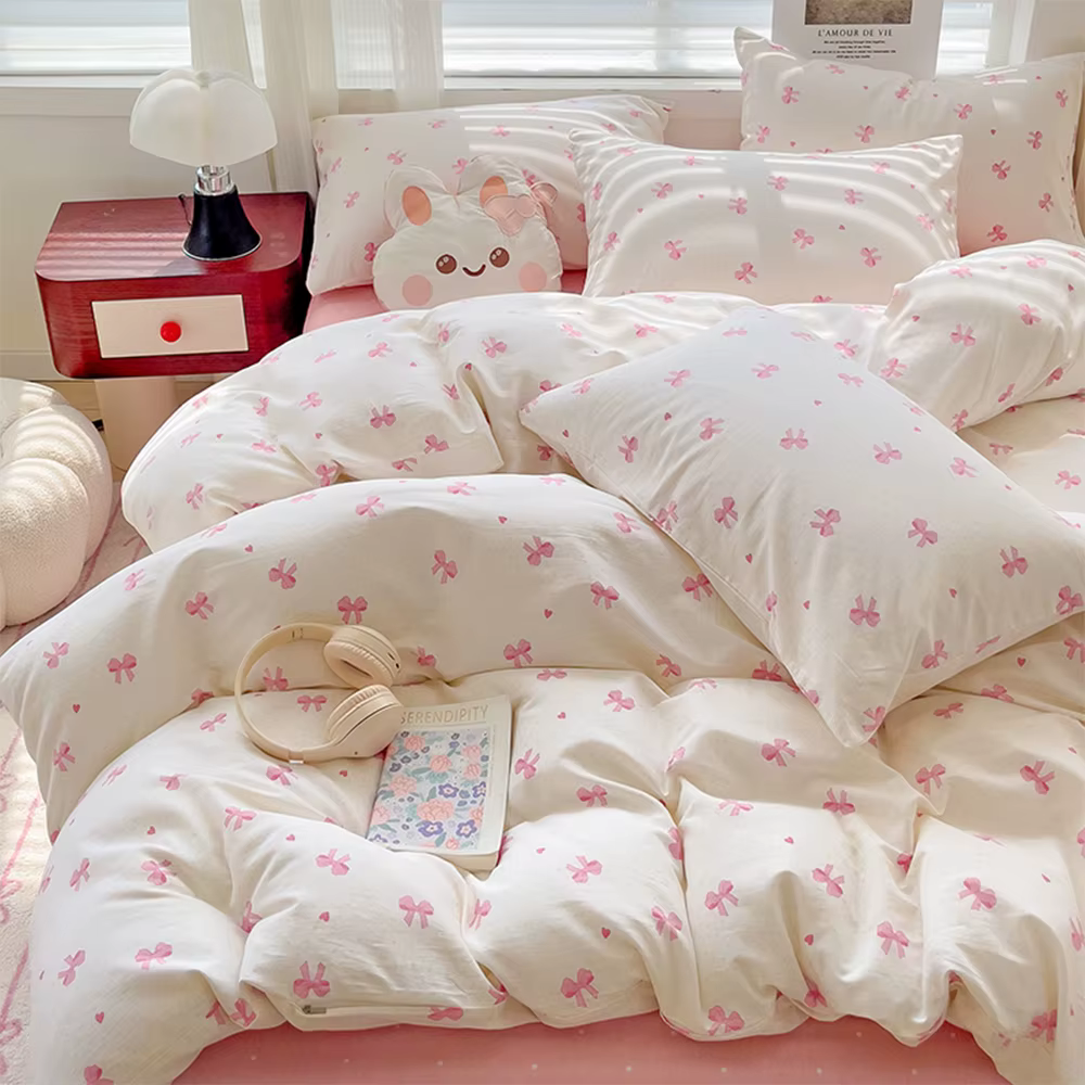 Ensemble de literie 3 pièces avec base blanche et mini nœud rose, housse de couette à imprimé fémini