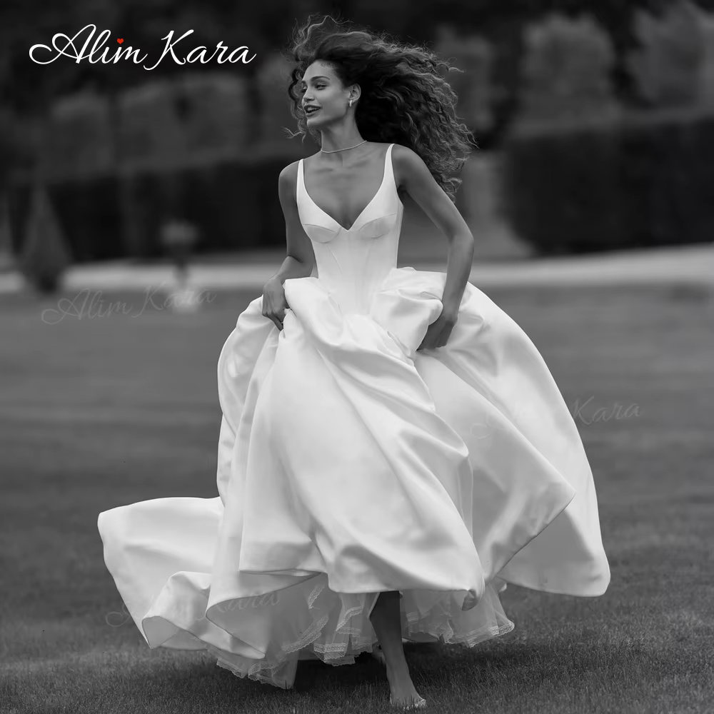 AlimKara – robe De mariée délicate sans manches, élégante, col en v, ligne a, personnalisée, princes