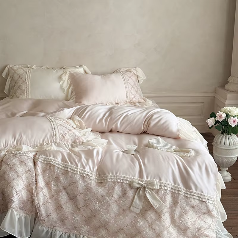 Parure de lit en dentelle Style princesse, ensemble de literie avec nœud à volants, Lyocell, doux, s