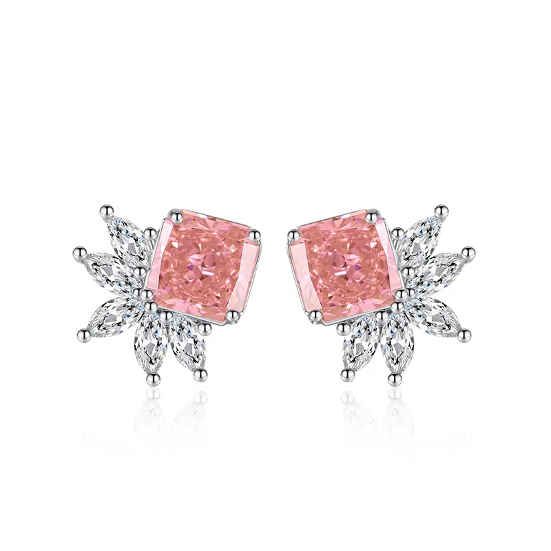 Magnifique boucle d'oreille grimpeur en argent Sterling 925, saphir rose, feux d'artifice, fleur art