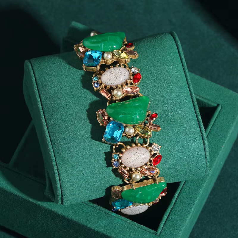 Bracelet Vintage en Perles Baroques Vertes et Bleues pour Femme, Bijoux Antiques en Clip de Forme Gé