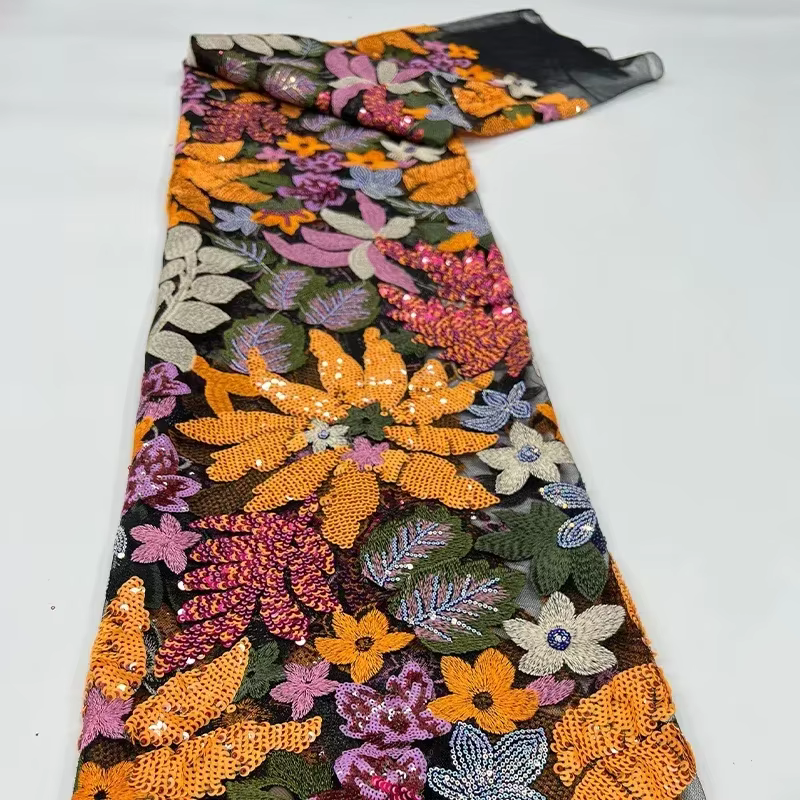 Tissu coloré à paillettes à grandes fleurs, tissu en maille florale pour robes de mariée, robe de so