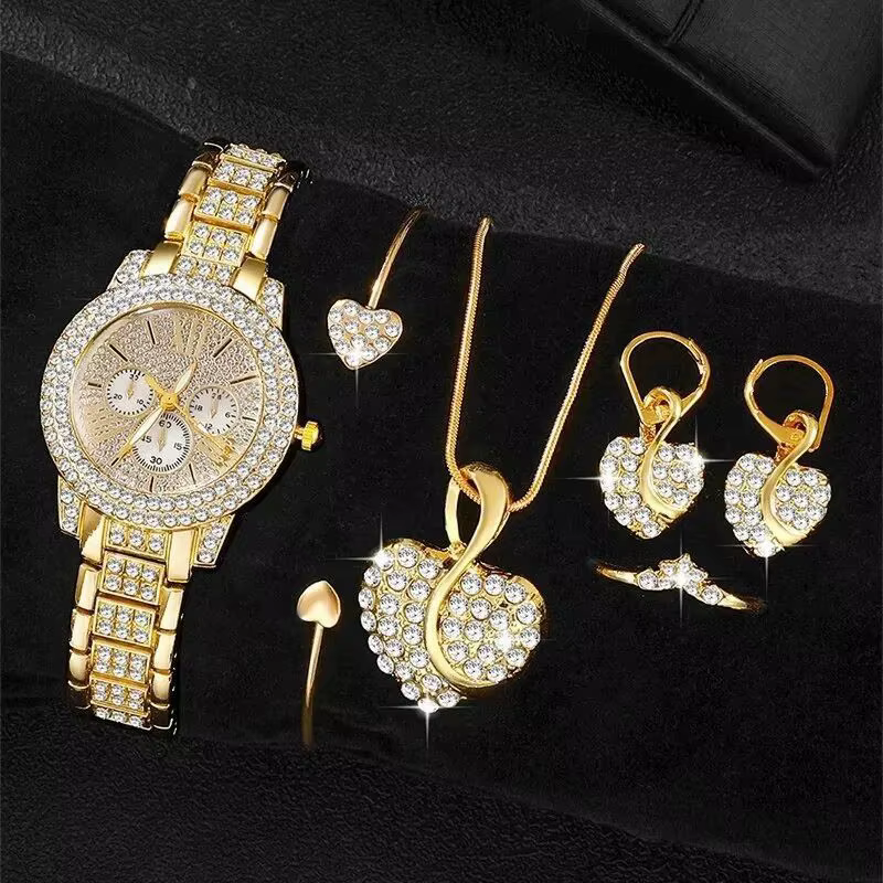 Ensemble de bijoux pour femmes, 6 pièces, montre en or, collier en cristal en forme de cœur, boucles