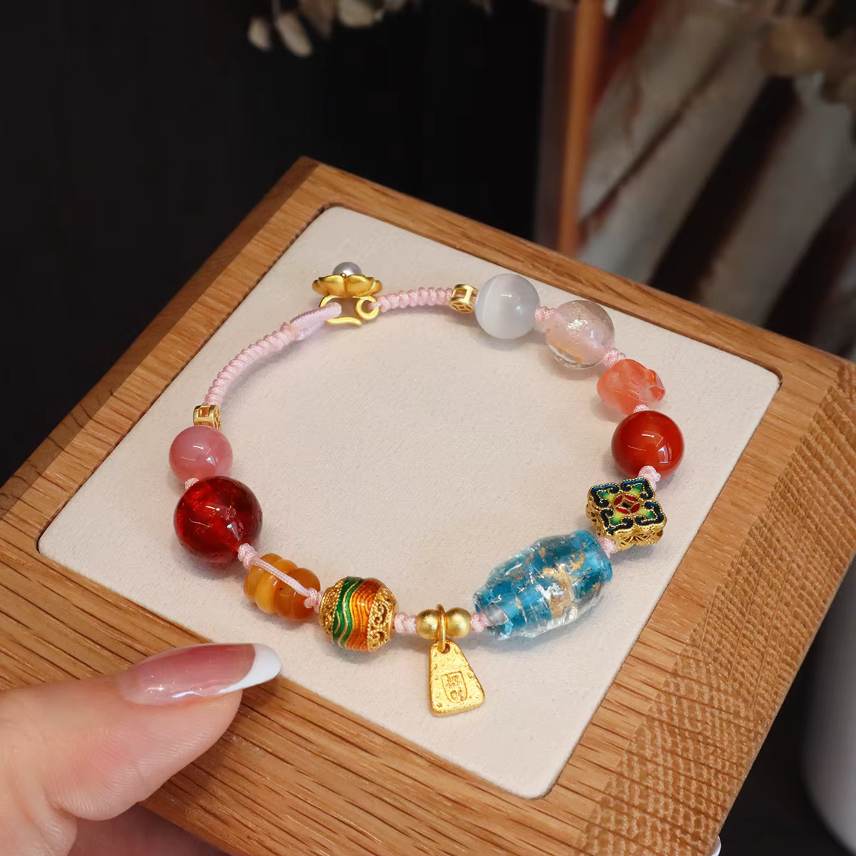 Bracelet de fortune en cristal de cire d'abeille rouge du sud naturel, tressé à la main, avec douze