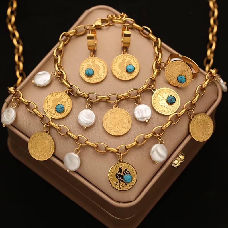 EILIECK – ensemble collier, bracelets, boucles d'oreilles et bague en acier inoxydable 316L, rond, d
