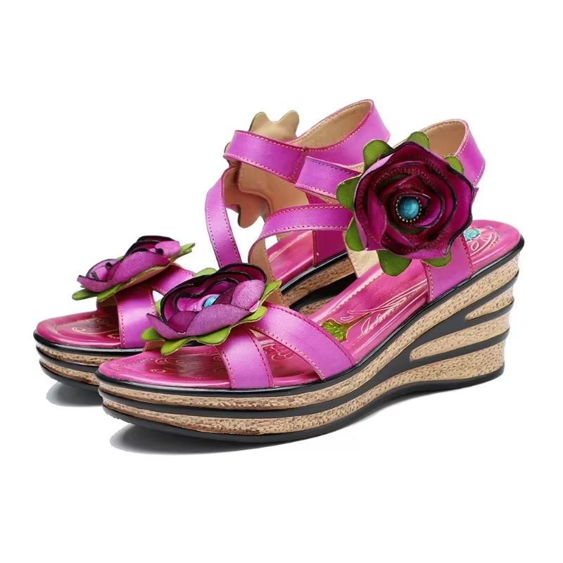 Sandales à talons compensés confortables en cuir véritable pour femmes, chaussures d'été confortable