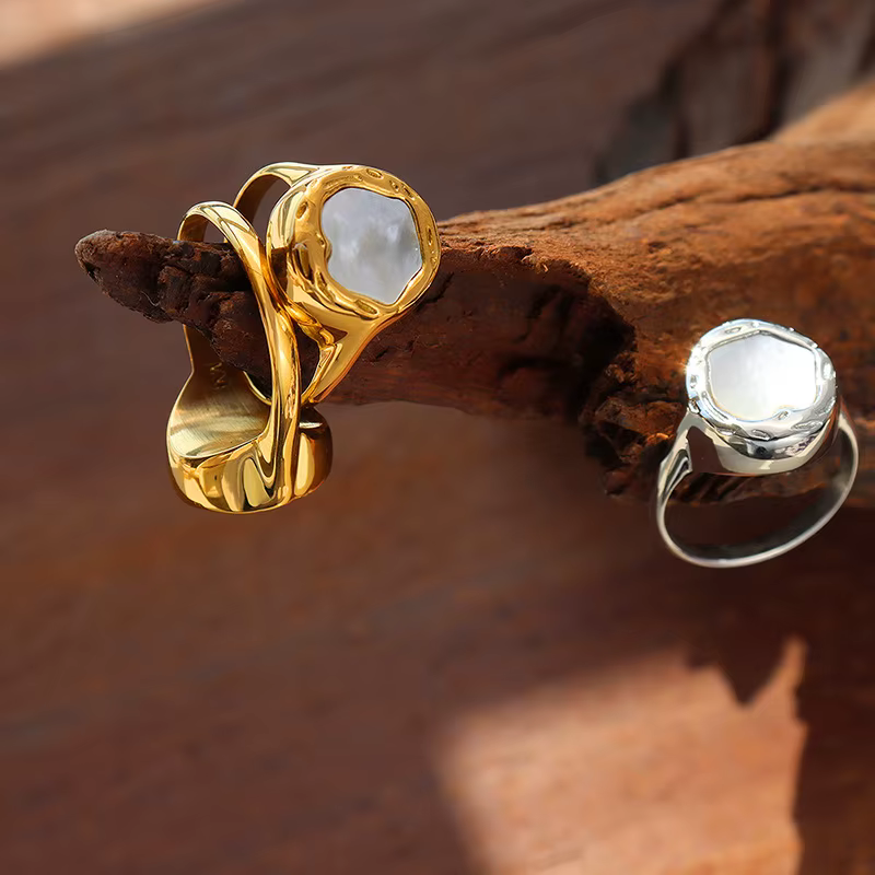 Bagues Vintage en acier inoxydable pour femmes, plaqué or 18 carats avec coque blanche, bague géomét