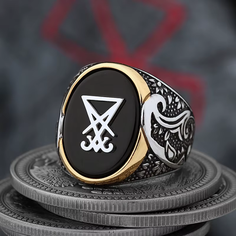 Bague Vintage Sigil Lucifer Rock en acier inoxydable 316L, bague en pierre de Satan pour hommes, bij