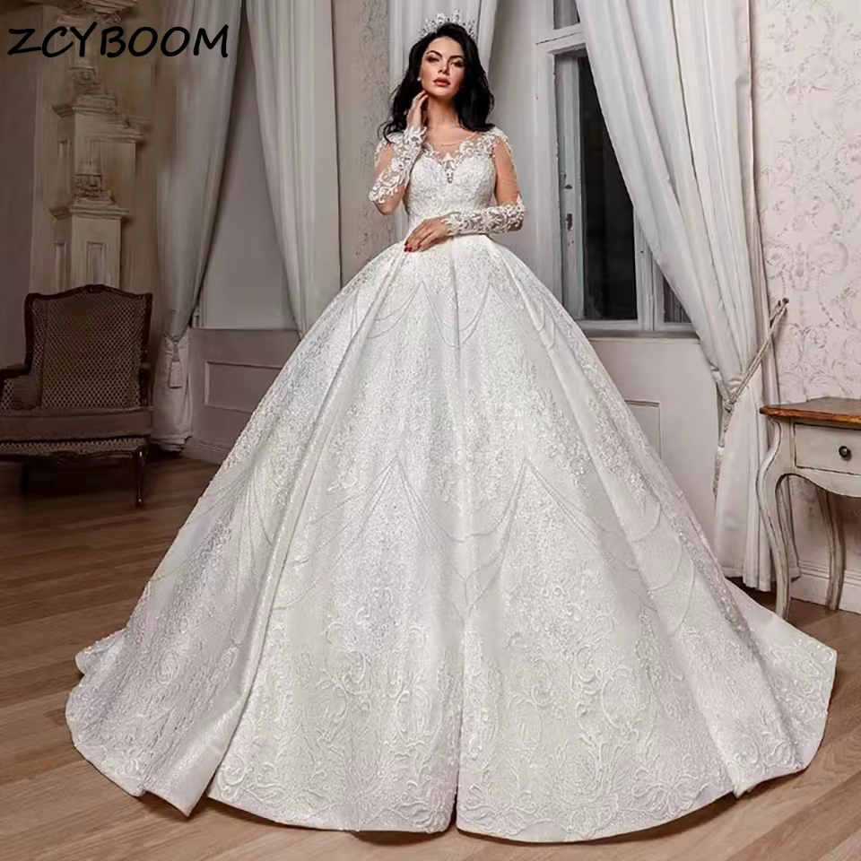 Robes de mariée luxueuses 2026 en tulle, ornées de sequins, de perles et de cristaux, à manches long