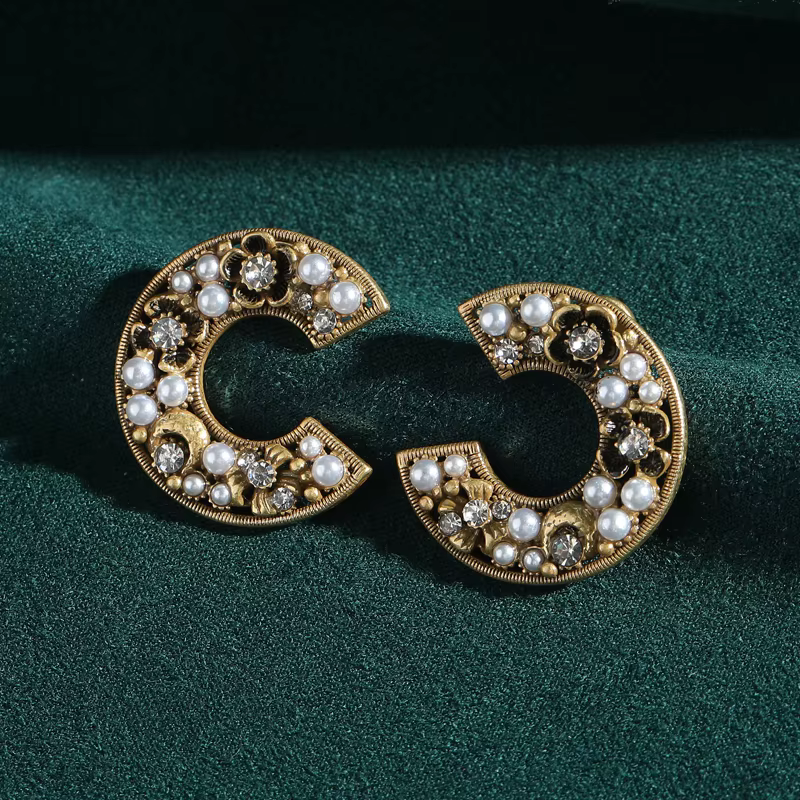 Boucles d'oreilles Vintage en forme de C pour femme, bijoux de marque de luxe, couleur or, fleur, av