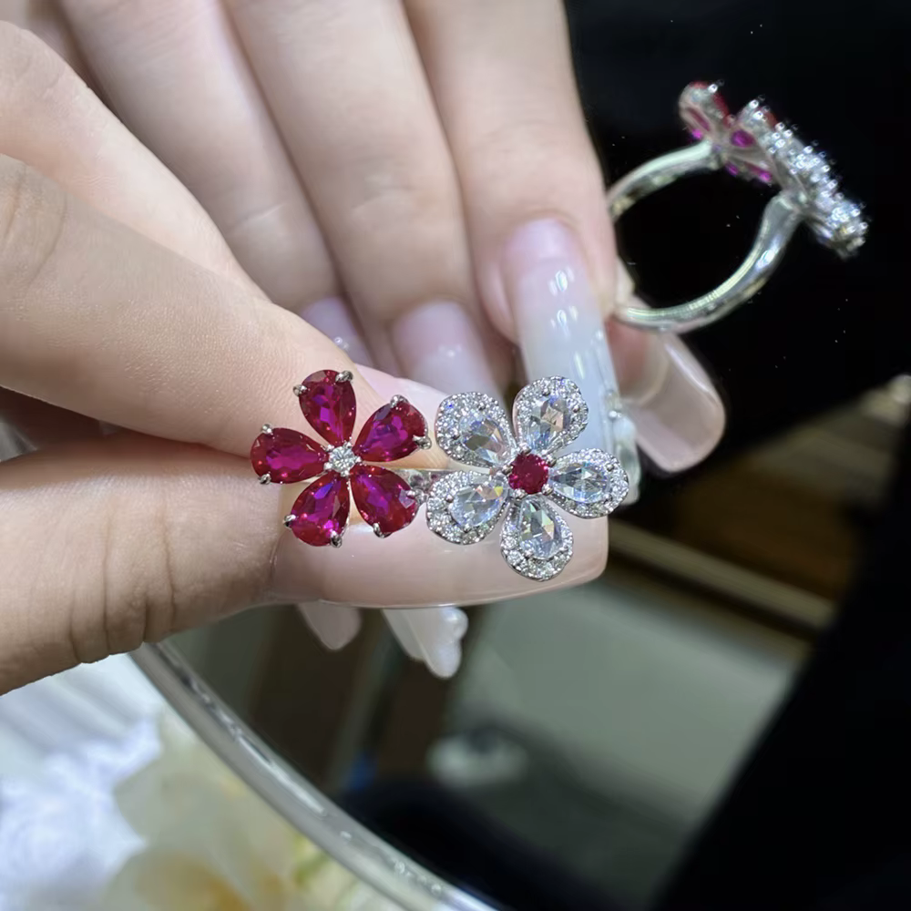 Vinregem – bague ouverte en forme de fleur pour femmes, saphir, rubis, diamants à haute teneur en ca