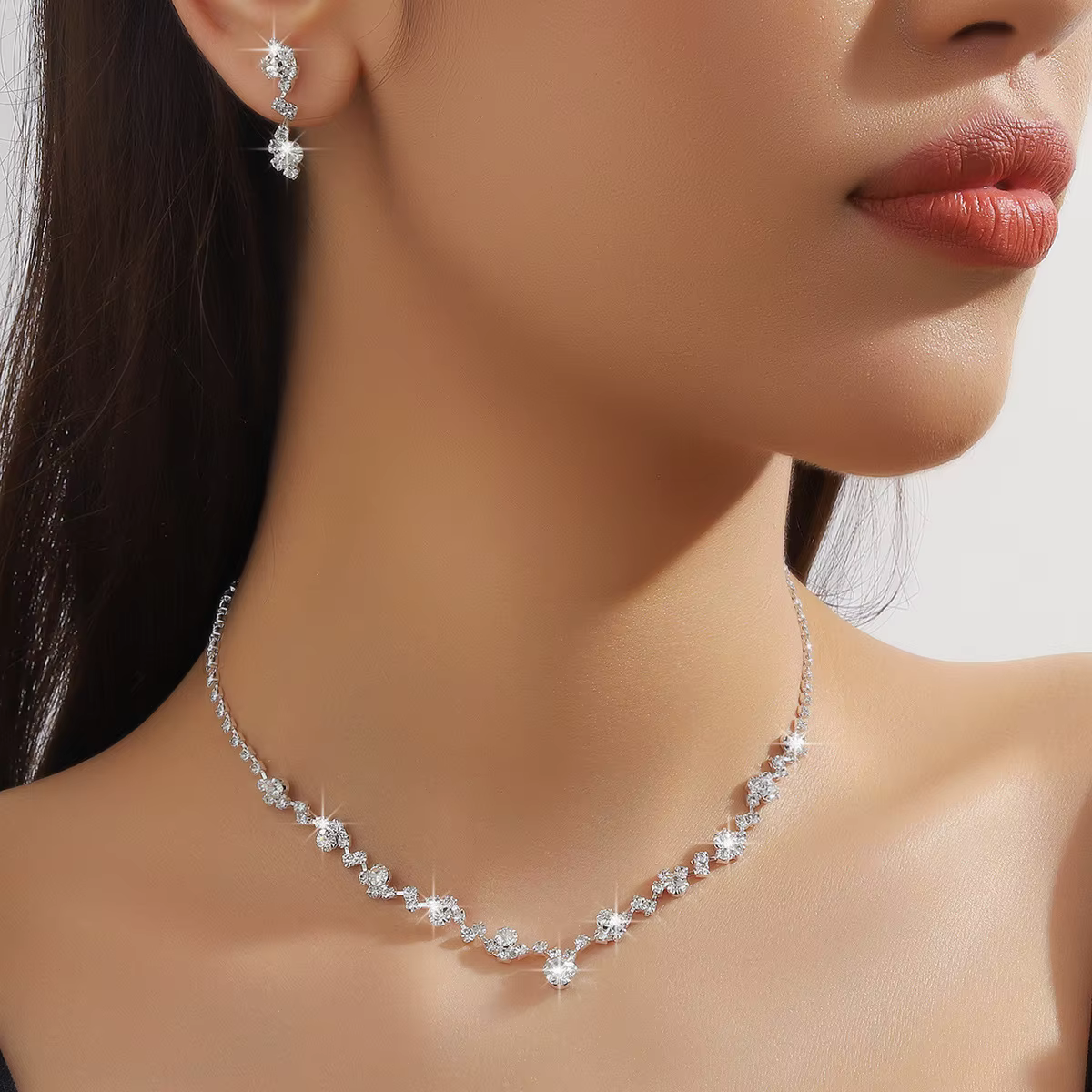 TREAZY Simple argent plaqué strass cristal collier ras du cou boucles d'oreilles ensemble mariage ma