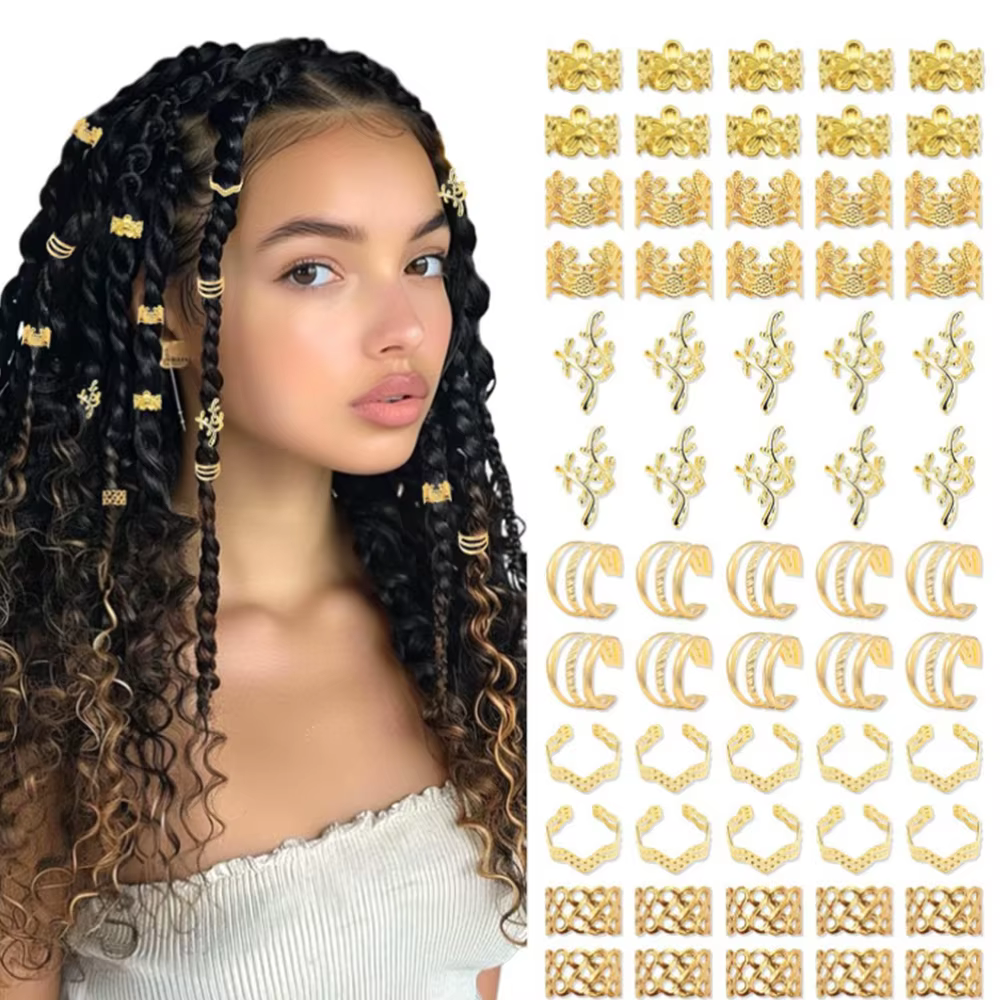 60 pièces bijoux de cheveux pour tresses or tresse Clips Style Dreadlock bijoux métal Loc tresses ac