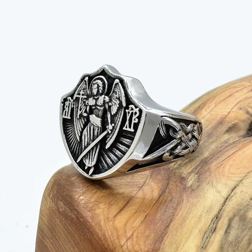 St. Michael-Bague solide en acier inoxydable pour homme, bijoux d'ange, taille 7-13, SION L