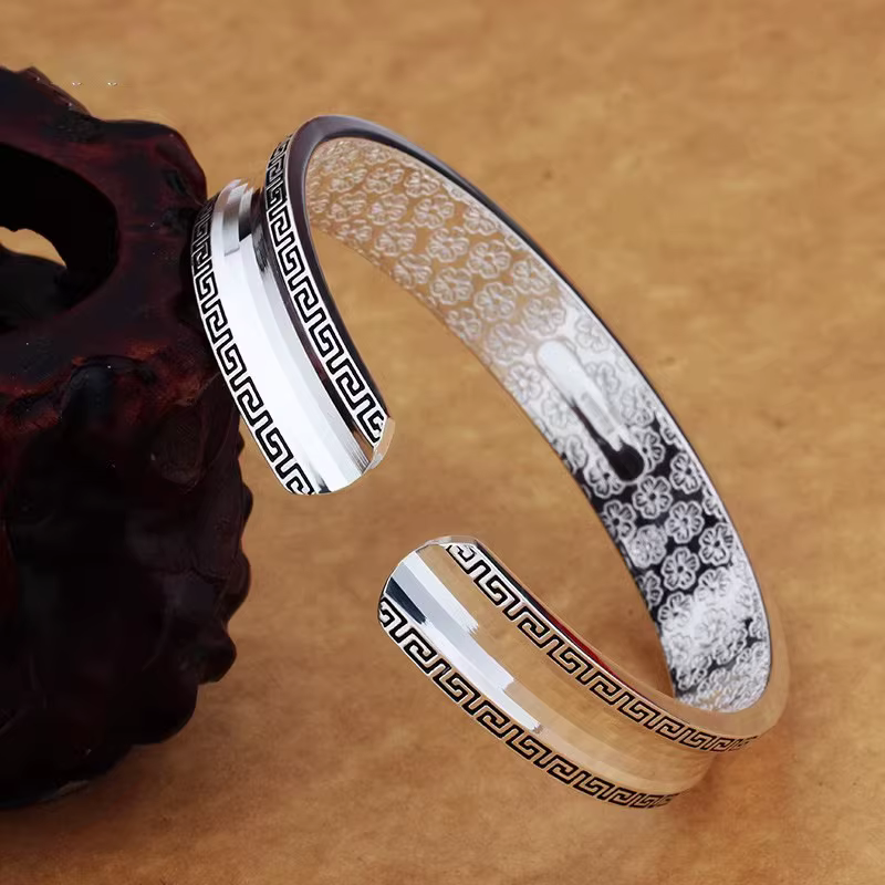 Bracelet à texture circulaire en argent 925 pour hommes et femmes, style couple vintage, ouverture s
