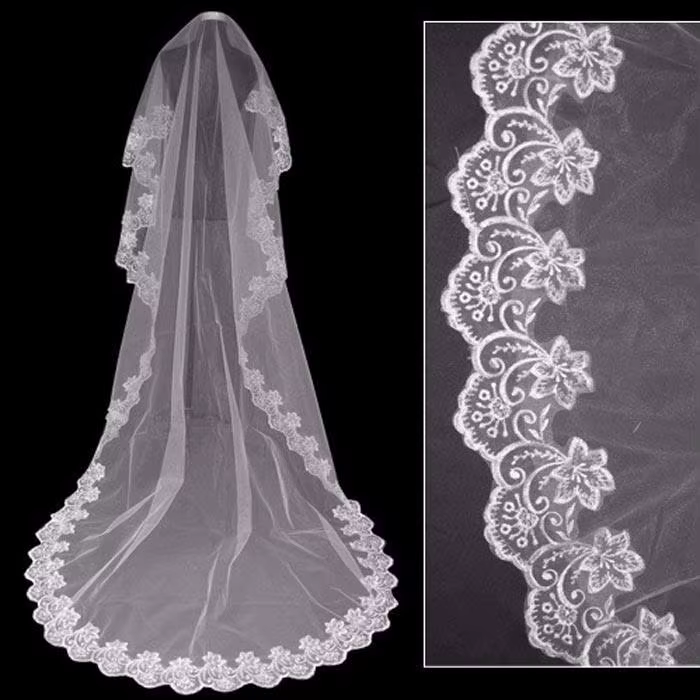 Voile de mariage en tulle doux pour les mariés, long, 108 en effet, 1 couche, bord en dentelle, cath