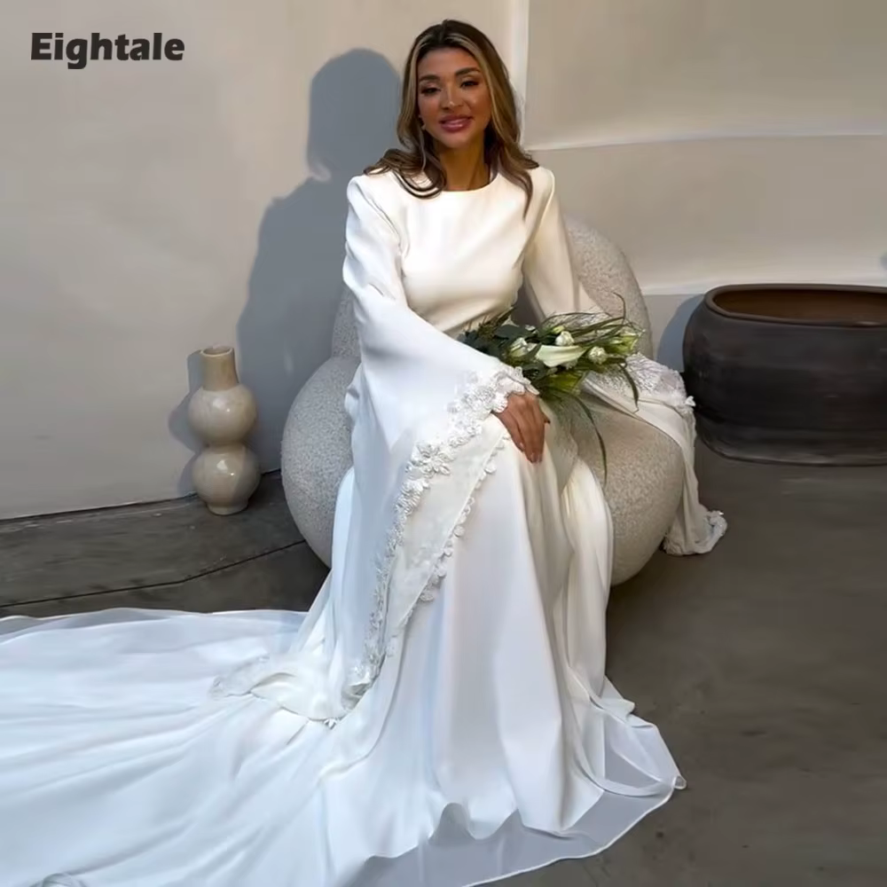 Robes de mariée arabes Eightale, col en V, dentelle 3D, style sirène, boutons musulmans, blanc ivoir