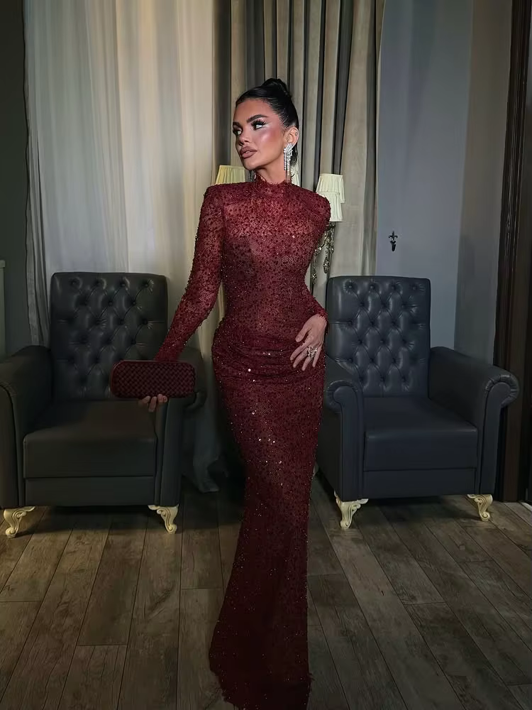 Robes de soirée de luxe dubaï Vintage Claret Occasion formelle robes de bal dentelle brillante perso