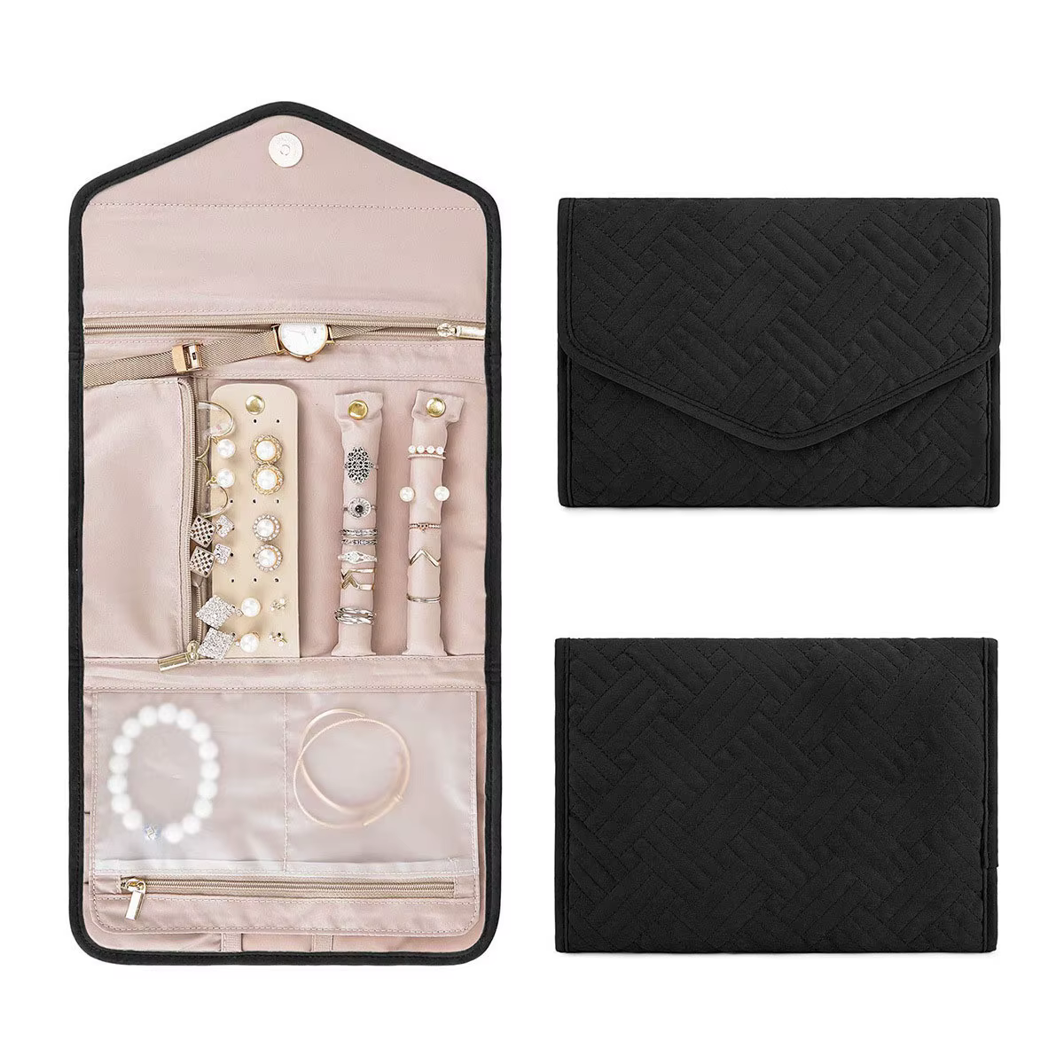 Sac à bijoux portable pliable pour femme, grand rouleau à bijoux de voyage, sac de rangement pour co
