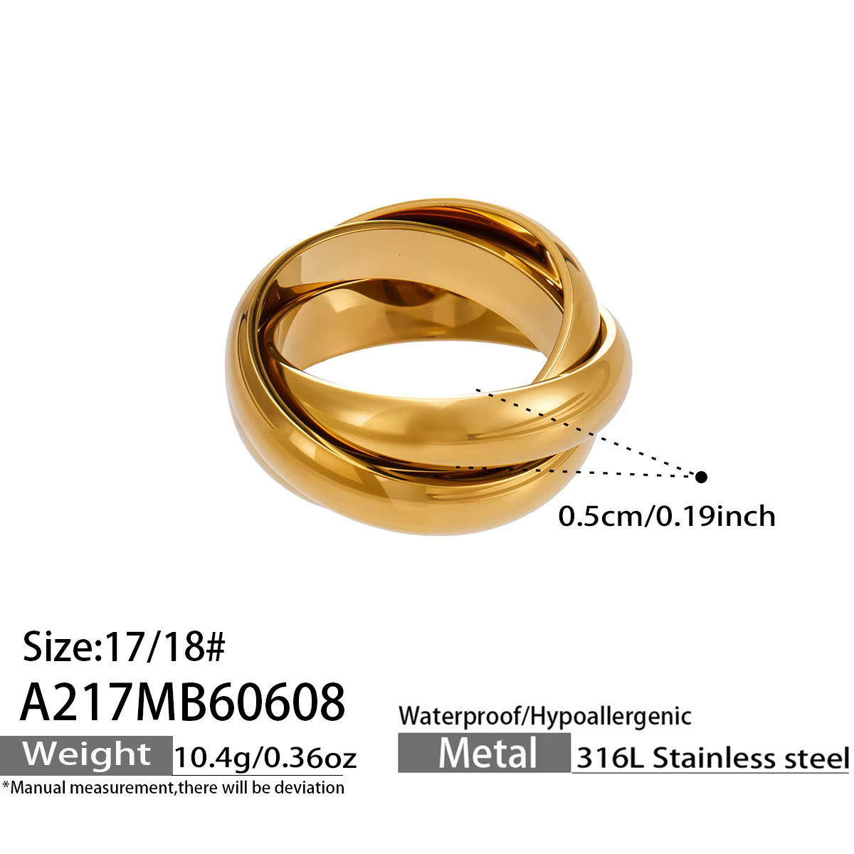 Bague en acier inoxydable 316L plaquée or 18 carats, classique, triple bande entrelacée, étanche, em