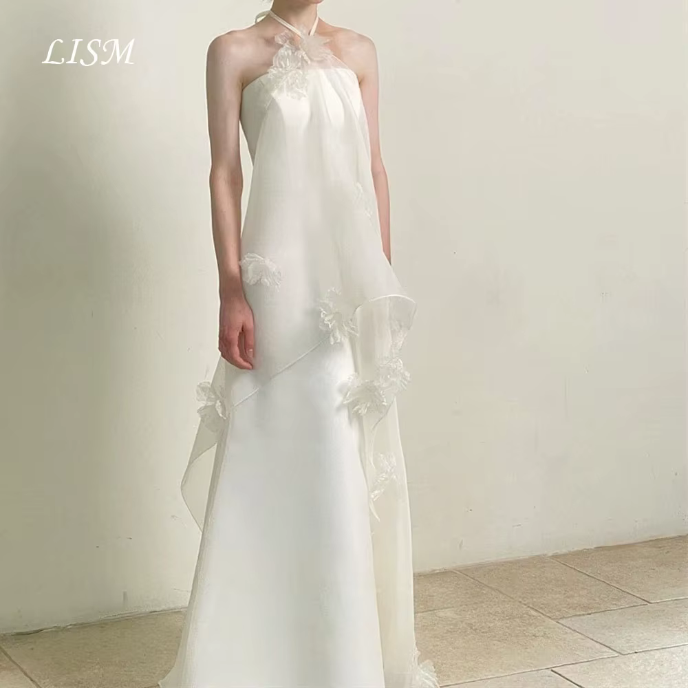 Robes de mariée LISM A Line Corset en organza féerique pour séance photo, col licou, fleurs 3D, robe