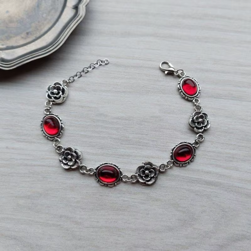 Bracelet unique en pierres précieuses artificielles rouges, bracelet floral gothique unique, bracele