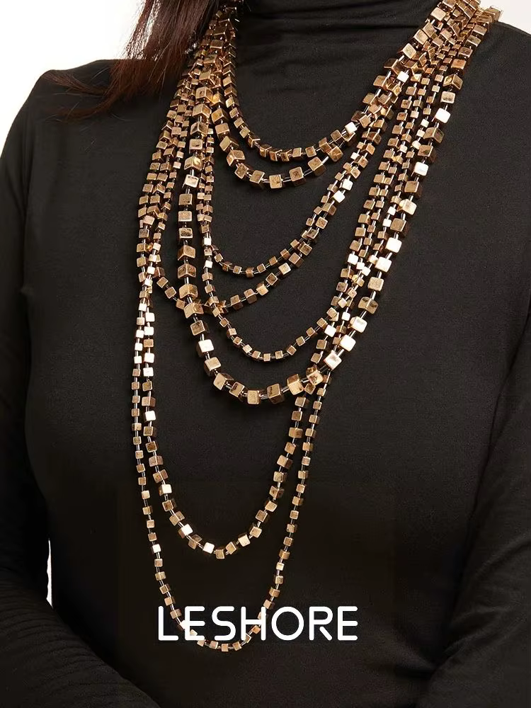 LESHORE 2025 nouveau à la mode rétro marron à la main perlé femmes multicouche collier fête bijoux c