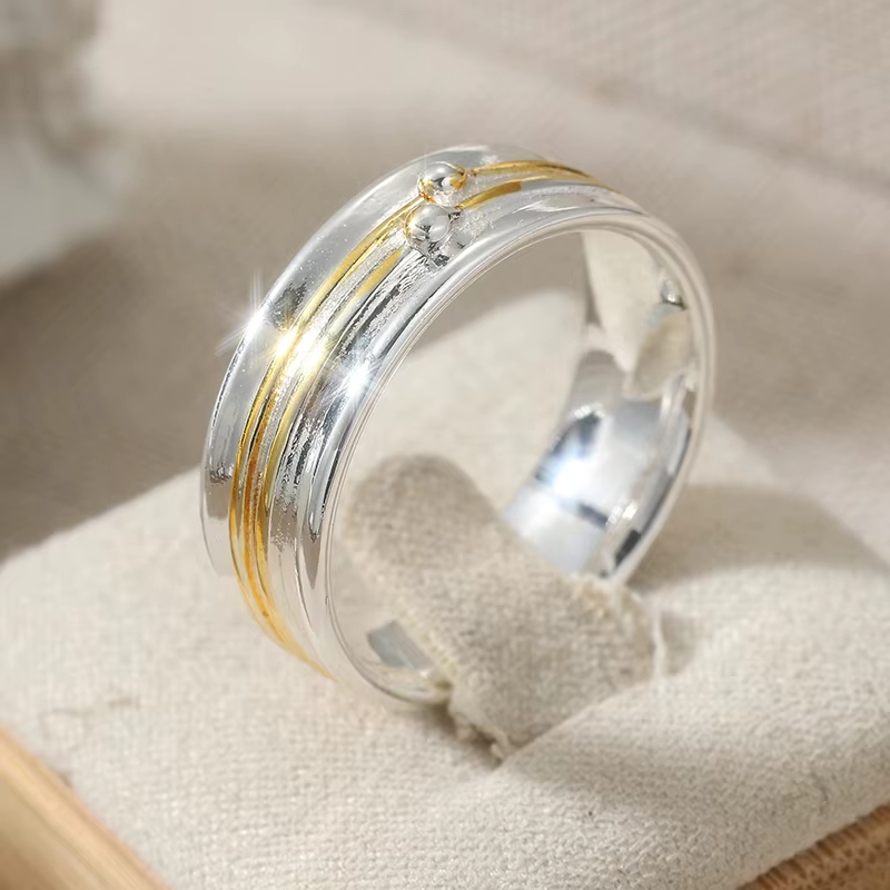 Bague large minimaliste sculptée à la main pour femme, en métal bicolore, géométrique, pour usage qu