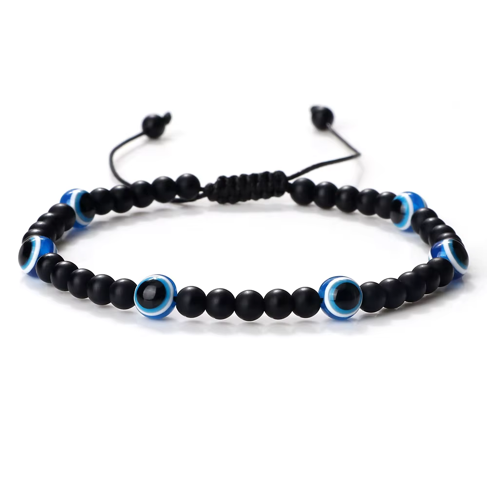 Mode turc mauvais œil Bracelets 4mm noir pierre naturelle perles tressé à la main hommes obsidienne 