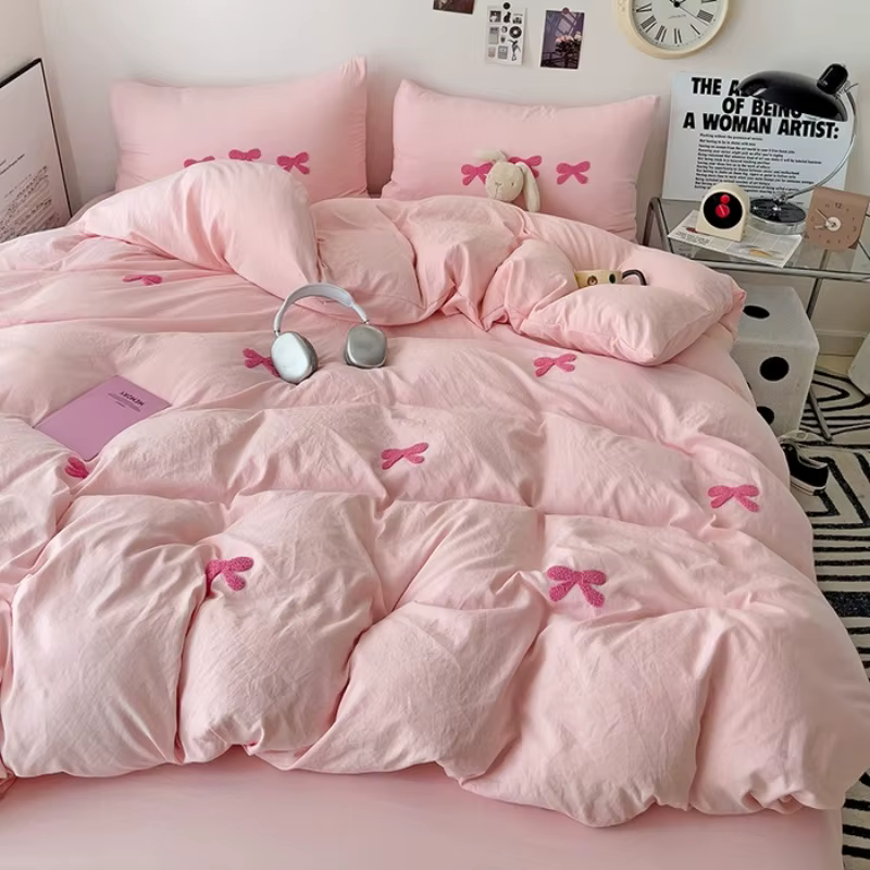 Parure de lit rose pour filles, avec nœud, housse de couette respirante coréenne, sans remplissage, 