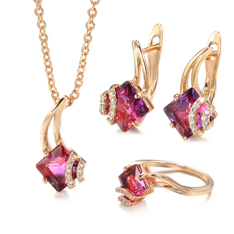 SYOUJYO Vintage grenat rouge naturel Zircon ensembles de bijoux 585 couleur or Rose mode robe Colloc