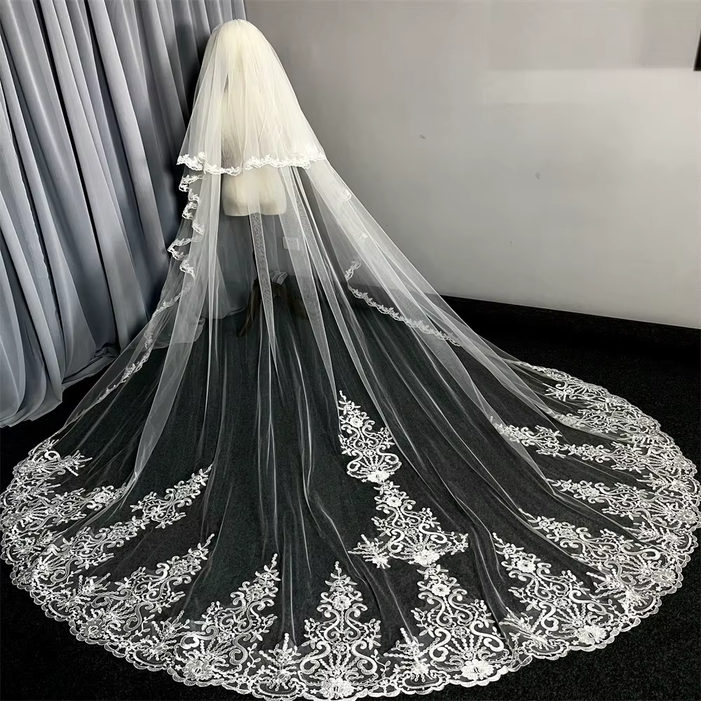 Voile de Mariage à Deux Couches avec Peigne, Couverture du Visage, 3m, Bord en Dentelle Blanche, pou